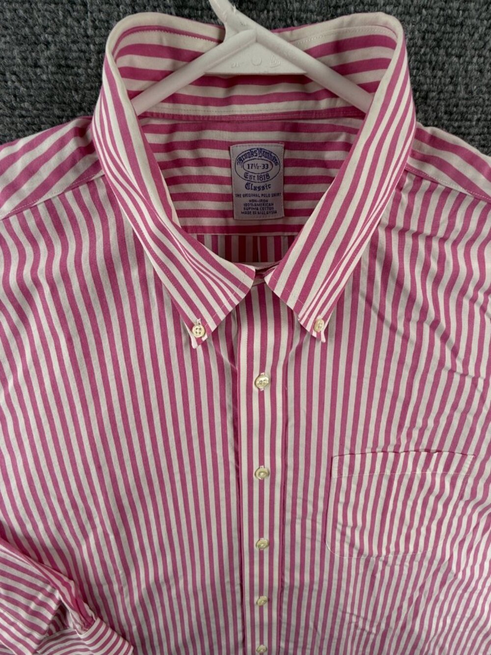 Brooks Brothers Button-Down 17.5 33 Cotton Non-Iron Striped Classic Pink Pocket